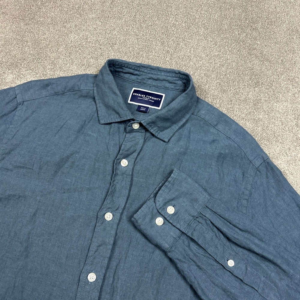 Charles Tyrwhitt Shirt Mens Medium Slim Button Up 100% Linen Blue Long Sleeve